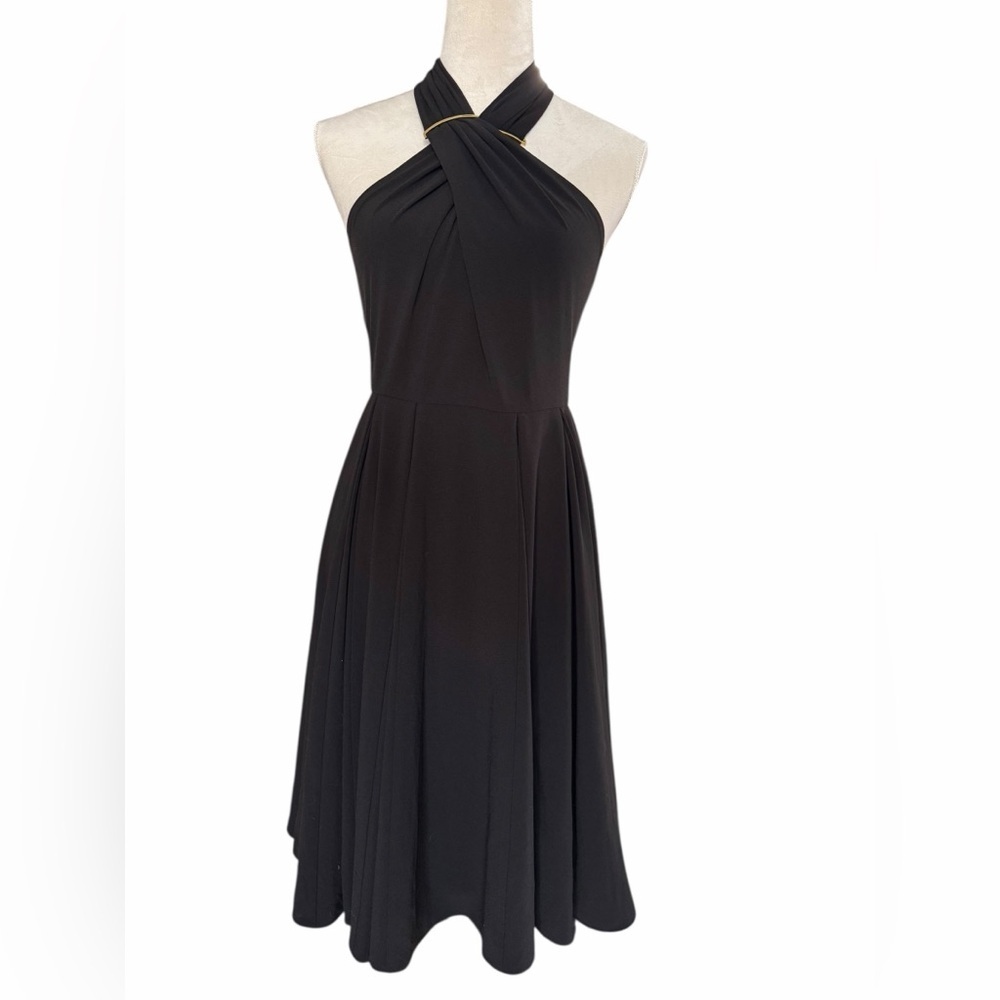 Halston Heritage Gold Accents Strapless Black Halter Dress